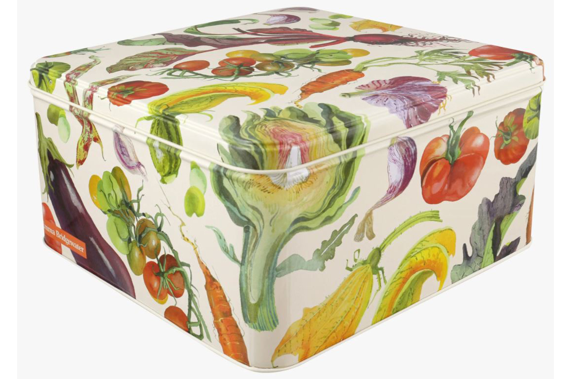 Emma Bridgewater Vegetable Garden Large Square Tin on a white background