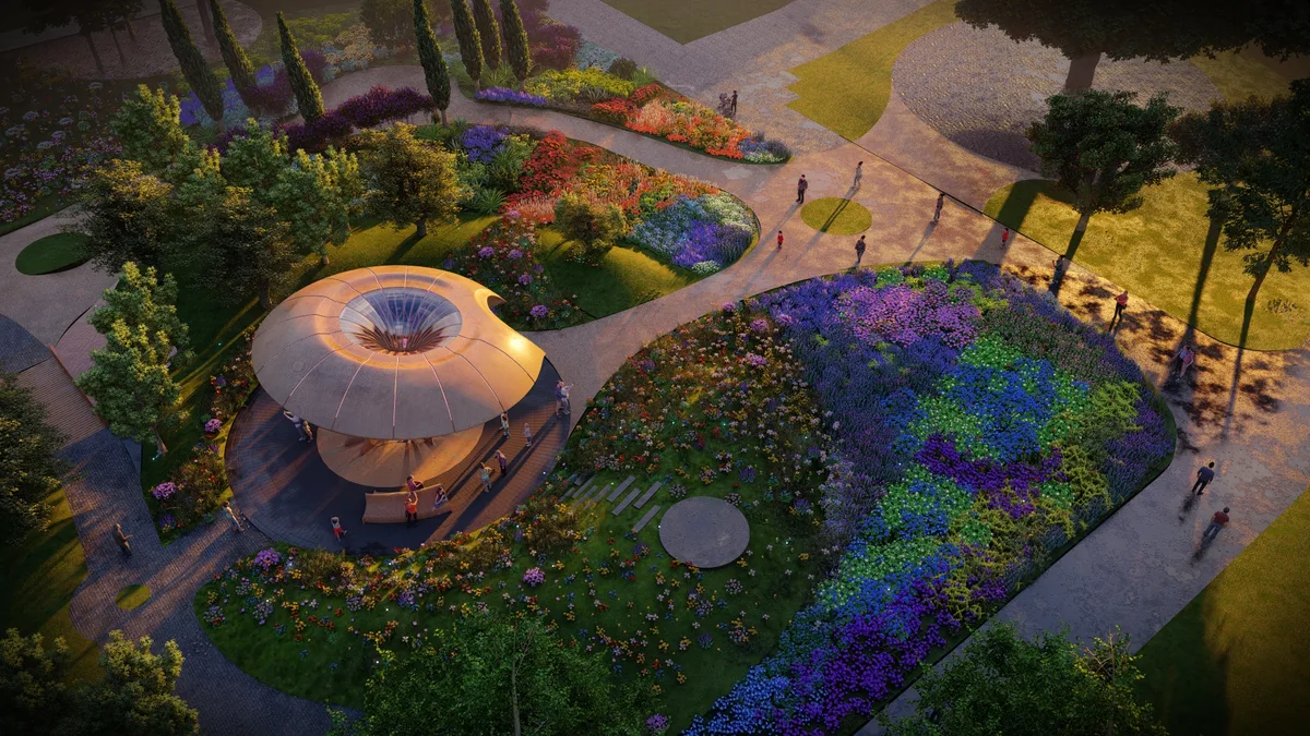 The Carbon Garden. Credit: Mizzi Studio A futuristic pavilion sits at the centre of a colourful flower garden