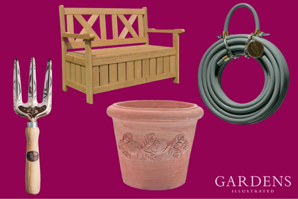 Aesthetic yet practical kit upgrades to make your garden more beautiful A trowel, bench, terracotta pot and hose on a pink background