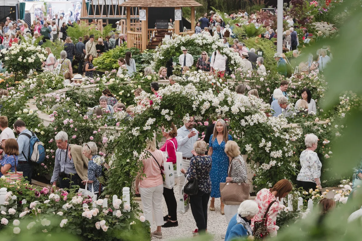 View of the Great Pavilion filled with visitors at RHS Chelsea Flower Show 2019. The Great Pavilion at the RHS Chelsea Flower Show.