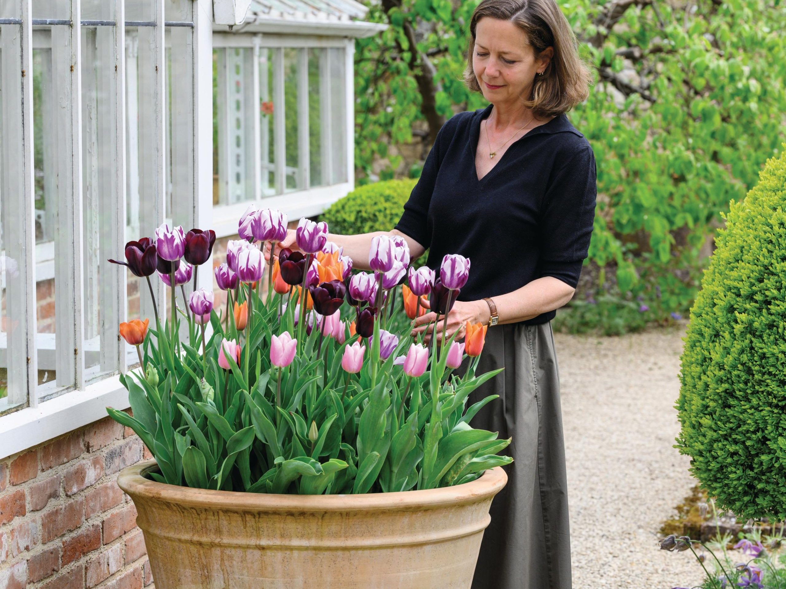 Polly Nicholson with a large pot of tulips
