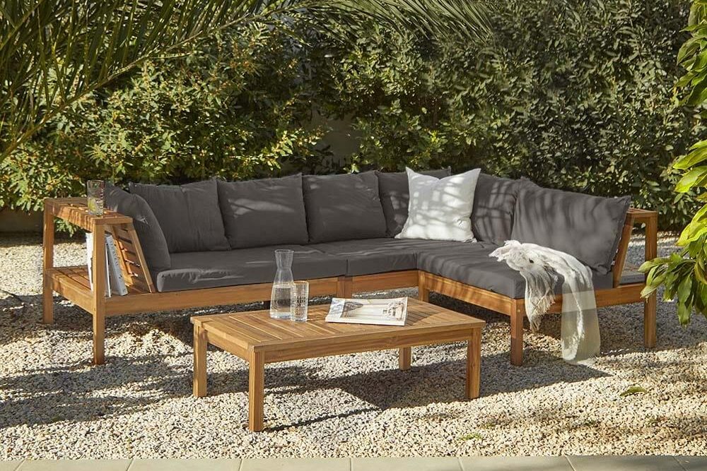 Laura James Dakota Wooden Garden Corner Sofa Set on gravel
