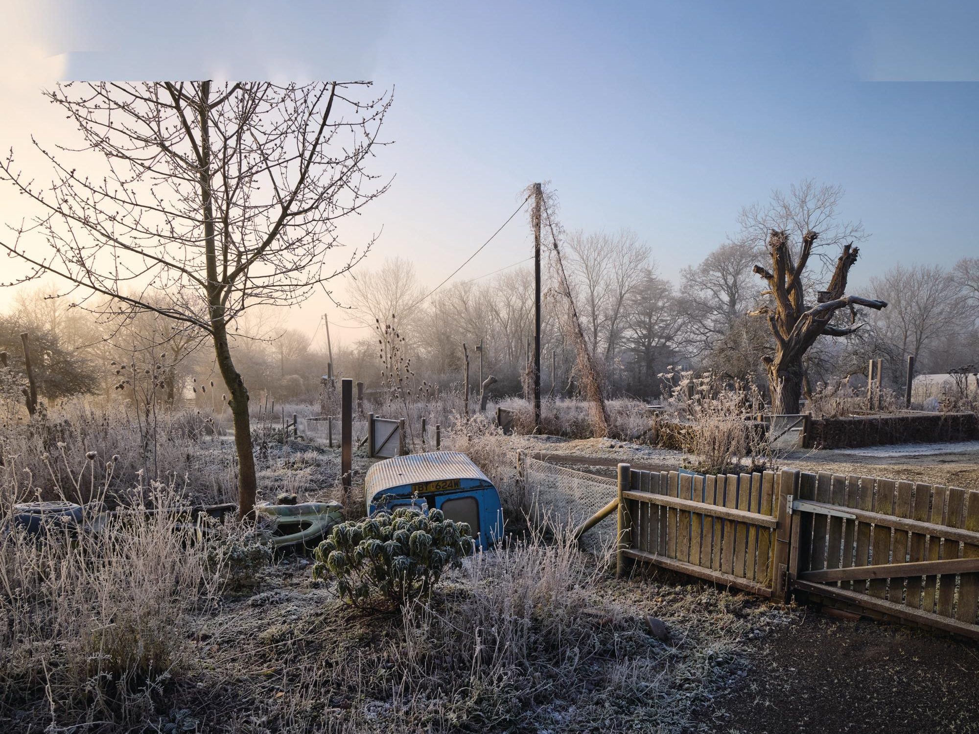 Garden in winter with fencing and disused car