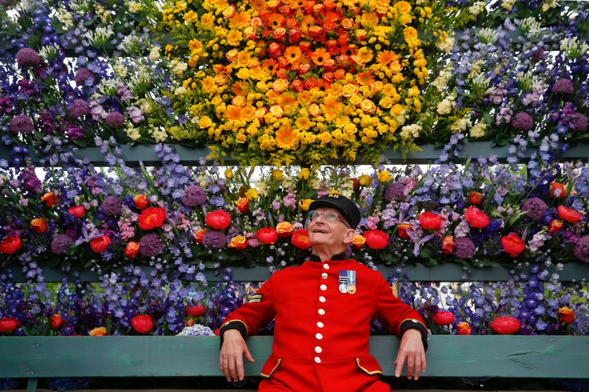 Chelsea Pensioner at RHS Chelsea Flower Show 2018 RHS / Luke MacGregor Chelsea Pensioner Paul Whittick enjoys the display on the Marks and Spencer Floral Market exhibition during press day at the RHS Chelsea Flower Show 2018. RHS / Luke MacGregor